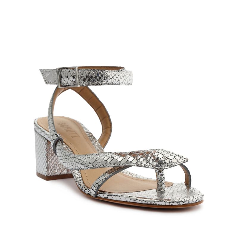 Schutz Courtney Mid Block Metallic δερματινα Sandal ασημι | oRVmn2h